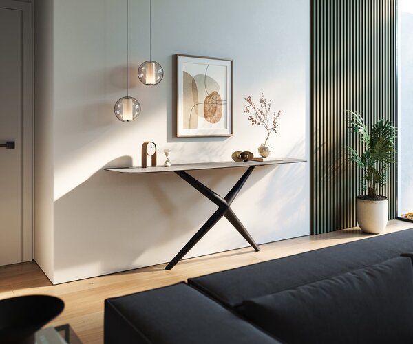 DELIFE Konzolasztal Edge hajóformájú 180x40 cm kerámia beton szürke Estelo fém fekete