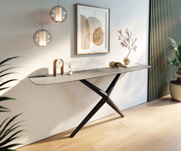 DELIFE Konzolasztal Edge hajóformájú 180x40 cm kerámia beton szürke Estelo fém fekete