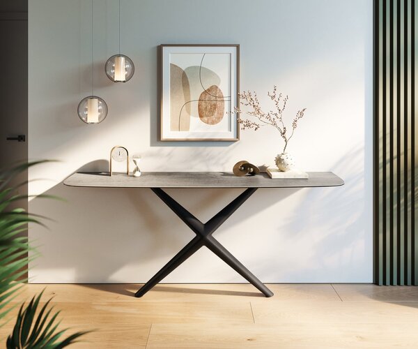 DELIFE Konzolasztal Edge hajóformájú 180x40 cm kerámia beton szürke Estelo fém fekete