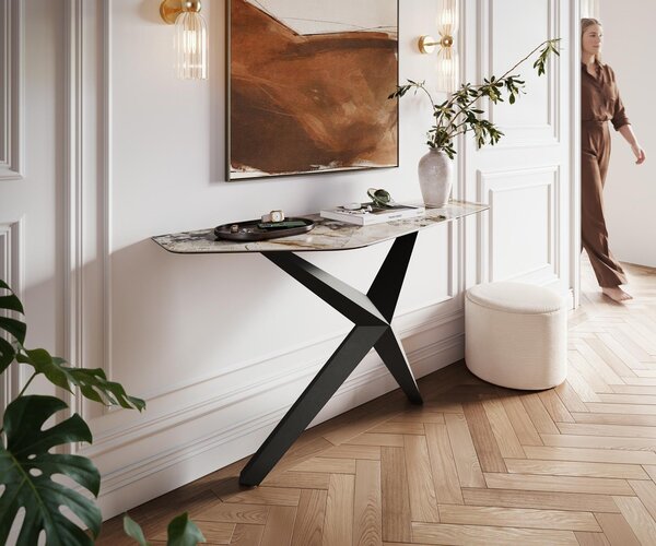 DELIFE Konzolasztal Edge poligonális 140x50 cm kerámia patagónia polírozott Zentharo fém fekete