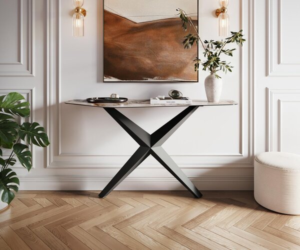 DELIFE Konzolasztal Edge poligonális 140x50 cm kerámia patagónia polírozott Zentharo fém fekete