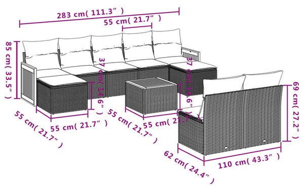 VidaXL 10 részes fekete polyrattan kerti ülőgarnitúra párnákkal