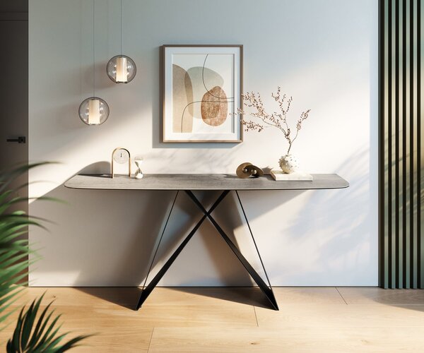 DELIFE Konzolasztal Edge hajóformájú 180x40 cm kerámia beton szürke Velio fém fekete