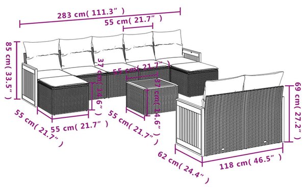 VidaXL Polyrattan Kerti Ülőgarnitúra - 10 részes - Fekete