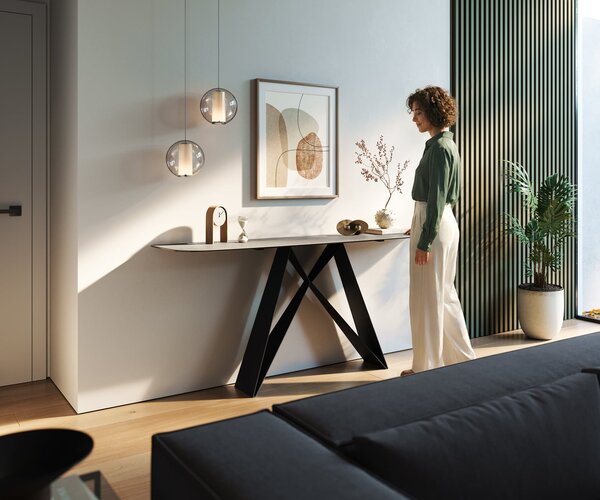 DELIFE Konzolasztal Edge hajóformájú 180x40 cm kerámia beton szürke Velio fém fekete