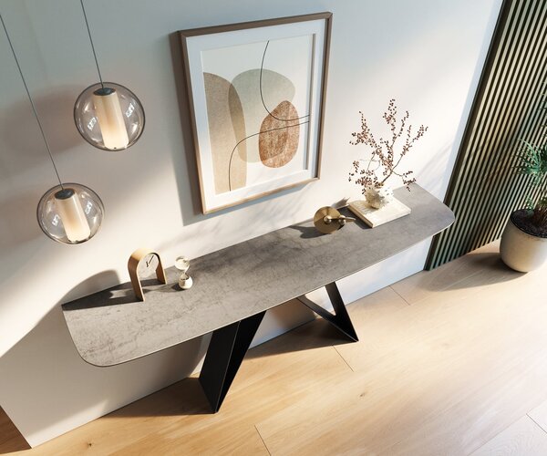 DELIFE Konzolasztal Edge hajóformájú 180x40 cm kerámia beton szürke Velio fém fekete