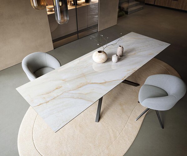 DELIFE Étkezőasztal Edge 300x100 cm kerámia onyx pearl kereszt láb téglalap rozsdamentes acél grafit