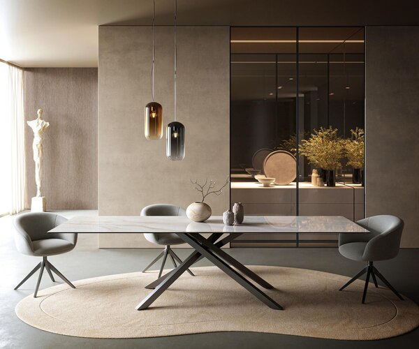 DELIFE Étkezőasztal Edge 300x100 cm kerámia onyx pearl kereszt láb téglalap rozsdamentes acél grafit