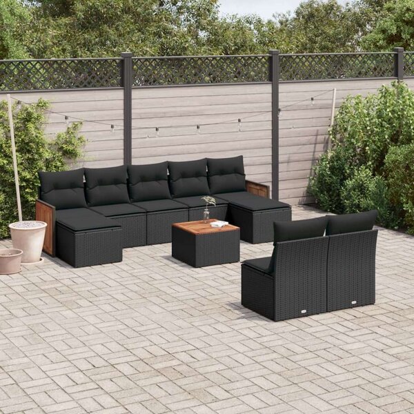 VidaXL 10 részes fekete polyrattan kerti ülőgarnitúra párnákkal