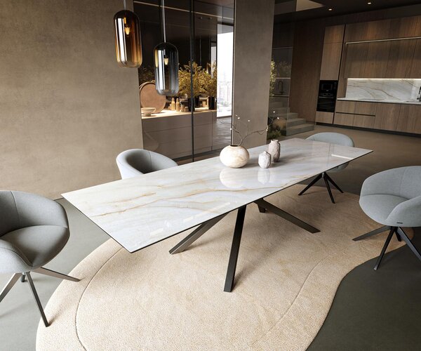 DELIFE Étkezőasztal Edge 300x100 cm kerámia onyx pearl kereszt láb téglalap rozsdamentes acél grafit