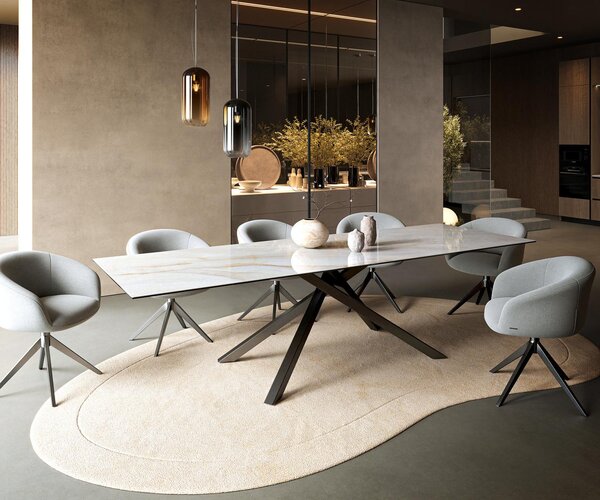 DELIFE Étkezőasztal Edge 300x100 cm kerámia onyx pearl kereszt láb téglalap rozsdamentes acél grafit