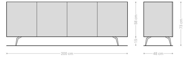 DELIFE Komód Ashara 200 cm tölgy természetes 3D hatás 4 ajtós szögletes láb rozsdamentes acél szálcsiszolt