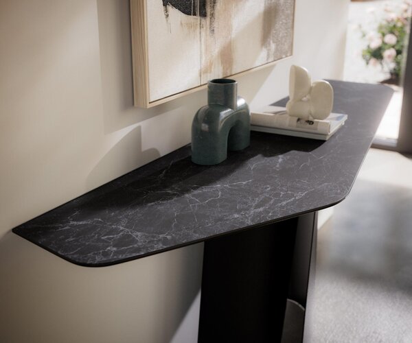 DELIFE Konzolasztal Edge poligonális 180x50 cm Laminam® kerámia Nero Greco antracit Livos fém fekete