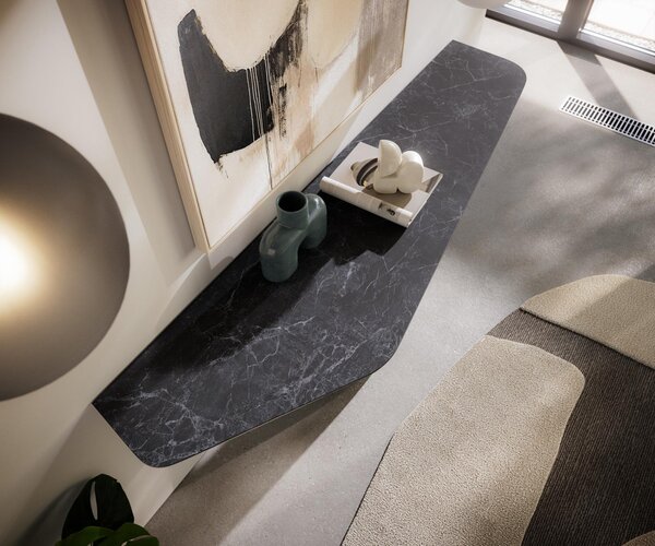 DELIFE Konzolasztal Edge poligonális 180x50 cm Laminam® kerámia Nero Greco antracit Livos fém fekete