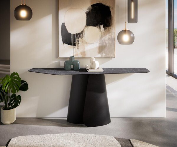 DELIFE Konzolasztal Edge poligonális 180x50 cm Laminam® kerámia Nero Greco antracit Livos fém fekete