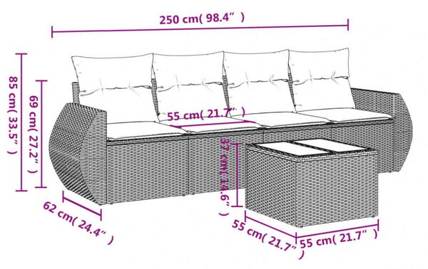 VidaXL 5 részes fekete polyrattan kerti kanapészett párnákkal