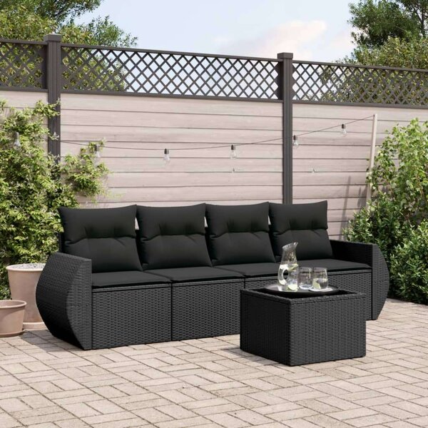 VidaXL 5 részes fekete polyrattan kerti kanapészett párnákkal
