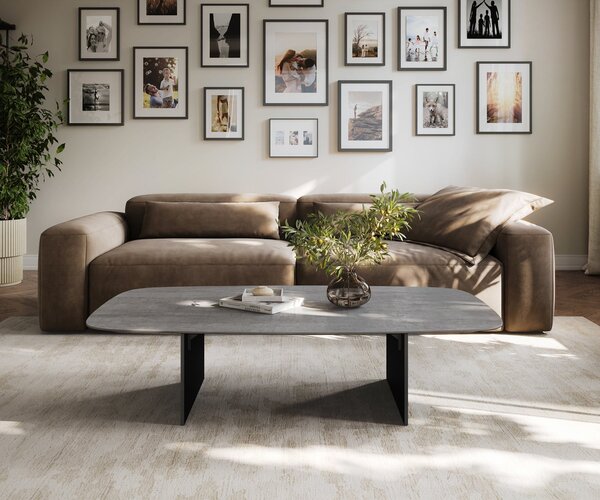 DELIFE Dohányzóasztal Edge hajóformájú 140x80 cm kerámia beton szürke Salto fém fekete