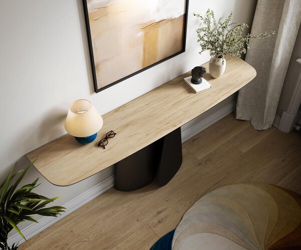 DELIFE Konzolasztal Edge hajóformájú 180x40 cm Laminam® Sabbia kerámia tölgyszínű Livos fekete fém