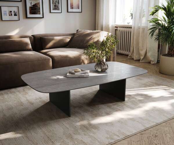DELIFE Dohányzóasztal Edge hajóformájú 140x80 cm kerámia beton szürke Salto fém fekete