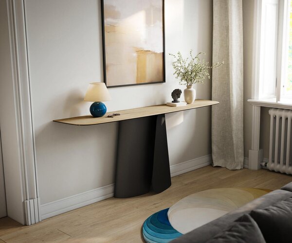DELIFE Konzolasztal Edge hajóformájú 180x40 cm Laminam® Sabbia kerámia tölgyszínű Livos fekete fém