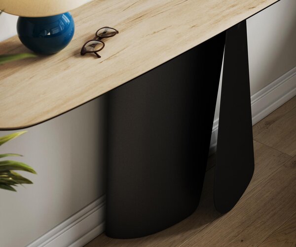 DELIFE Konzolasztal Edge hajóformájú 180x40 cm Laminam® Sabbia kerámia tölgyszínű Livos fekete fém
