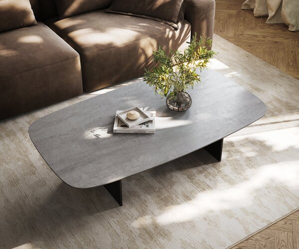 DELIFE Dohányzóasztal Edge hajóformájú 140x80 cm kerámia beton szürke Salto fém fekete