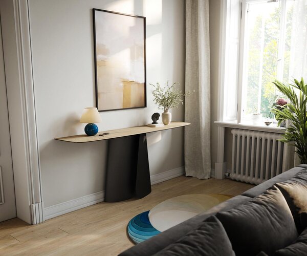 DELIFE Konzolasztal Edge hajóformájú 180x40 cm Laminam® Sabbia kerámia tölgyszínű Livos fekete fém