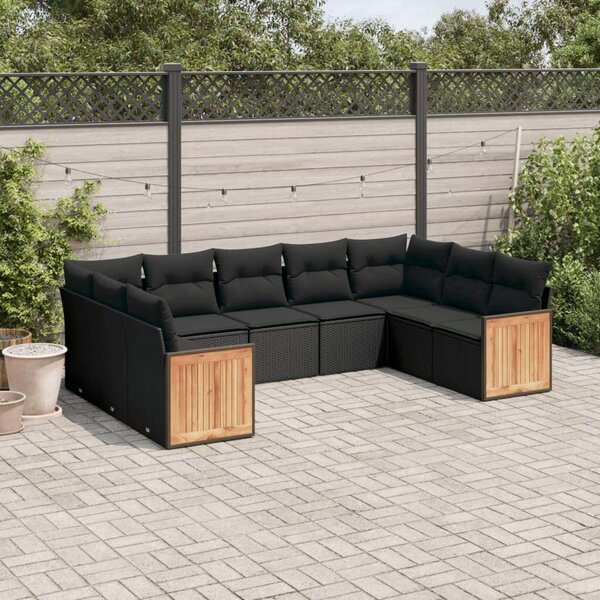 VidaXL 9 részes fekete polyrattan kerti ülőgarnitúra párnákkal