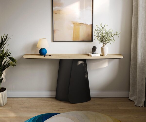 DELIFE Konzolasztal Edge hajóformájú 180x40 cm Laminam® Sabbia kerámia tölgyszínű Livos fekete fém