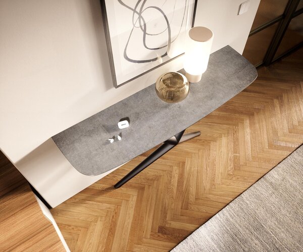 DELIFE Konzolasztal Edge hajóformájú 140x40 cm kerámia beton szürke Estelo fém fekete