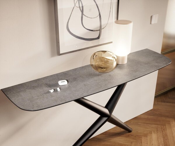 DELIFE Konzolasztal Edge hajóformájú 140x40 cm kerámia beton szürke Estelo fém fekete