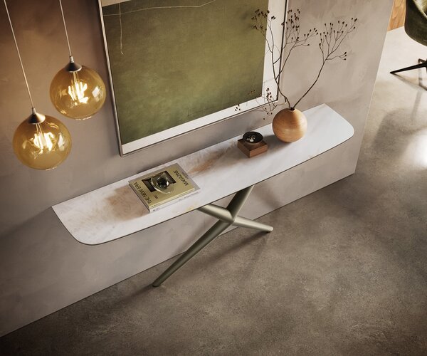DELIFE Konzolasztal Edge hajóformájú 180x40 cm kerámia onyx gyöngyház Estelo fém titán színű effekt finish