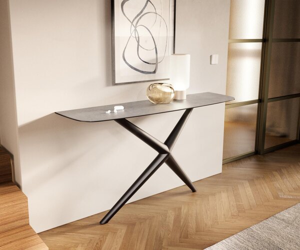 DELIFE Konzolasztal Edge hajóformájú 140x40 cm kerámia beton szürke Estelo fém fekete