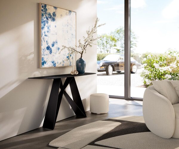 DELIFE Konzolasztal Edge hajóformájú 140x40 cm Laminam® Nero Greco antracit Velio fém fekete