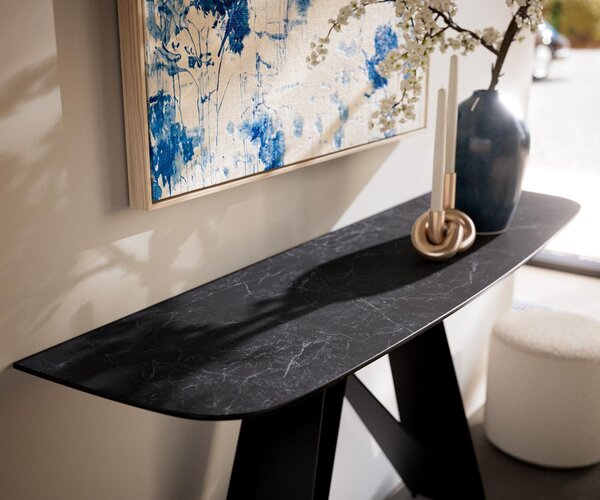 DELIFE Konzolasztal Edge hajóformájú 140x40 cm Laminam® Nero Greco antracit Velio fém fekete