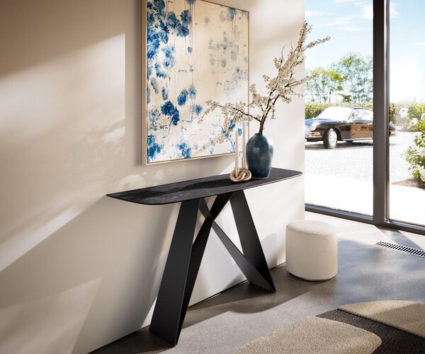 DELIFE Konzolasztal Edge hajóformájú 140x40 cm Laminam® Nero Greco antracit Velio fém fekete