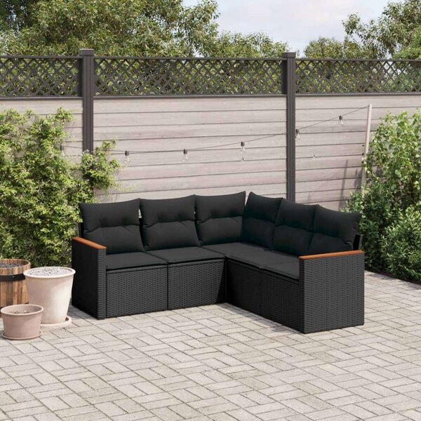 VidaXL 5 részes fekete polyrattan kerti kanapészett párnákkal