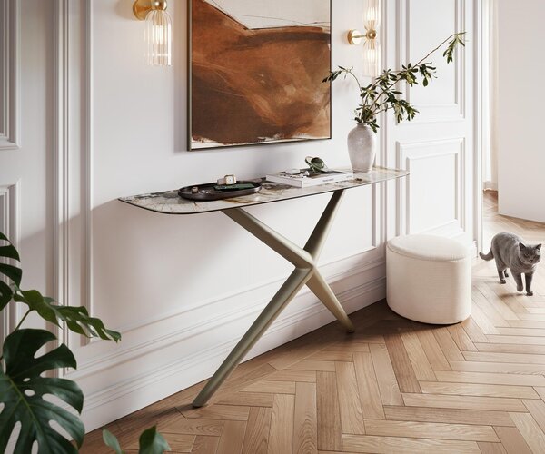 DELIFE Konzolasztal Edge hajóformájú 140x40 cm kerámia patagónia polírozott Estelo fém titán színű effekt finish