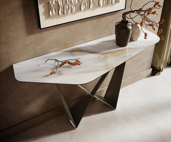 DELIFE Konzolasztal Edge poligonális 140x50 cm kerámia onyx gyöngy Spios fém titán színű effekt finish