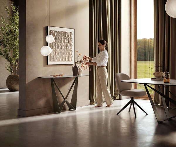 DELIFE Konzolasztal Edge poligonális 140x50 cm kerámia onyx gyöngy Spios fém titán színű effekt finish