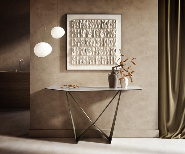 DELIFE Konzolasztal Edge poligonális 140x50 cm kerámia onyx gyöngy Spios fém titán színű effekt finish