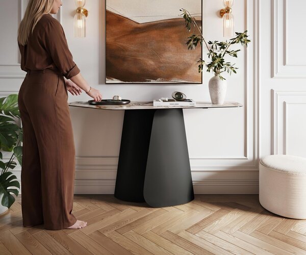 DELIFE Konzolasztal Edge poligonális 140x50 cm kerámia patagónia polírozott Livos fém fekete