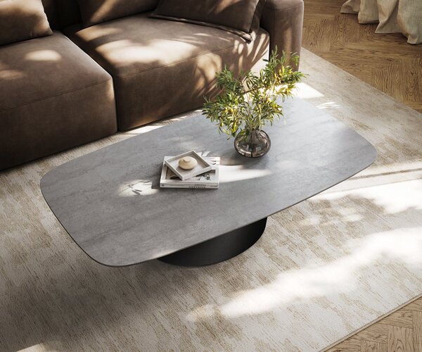 DELIFE Dohányzóasztal Edge hajóformájú 140x80 cm kerámia beton szürke Conis fém fekete
