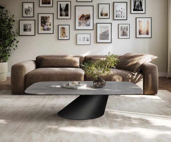 DELIFE Dohányzóasztal Edge hajóformájú 140x80 cm kerámia beton szürke Conis fém fekete