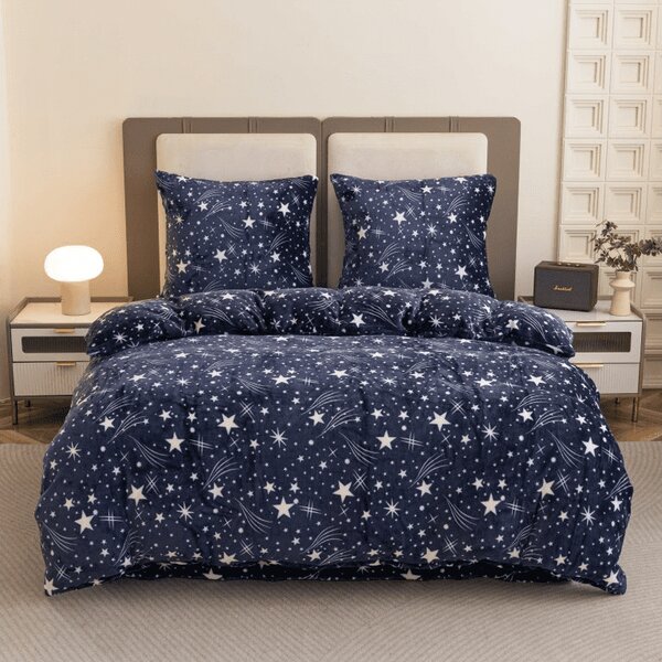 Mikroplüss ágyneműhuzat STARLIGHT sötétkék + mikroplüss lepedő SOFT 90x200 cm fehér, egyszemélyes ágy