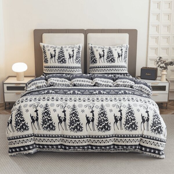 Mikroplüss ágyneműhuzat szett WINTER DEER szürke + Mikroplüss lepedő SOFT 90x200 cm fehér, egyszemélyes