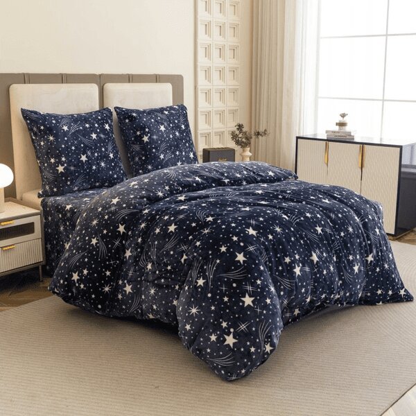 Mikroplüss ágyneműhuzat STARLIGHT sötétkék + mikroplüss lepedő SOFT 90x200 cm fehér, egyszemélyes ágy