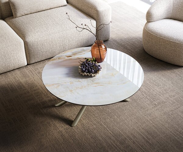DELIFE Dohányzóasztal Edge kerek 100x100 cm kerámia onyx pearl Sarity fém titán színű effektfinish