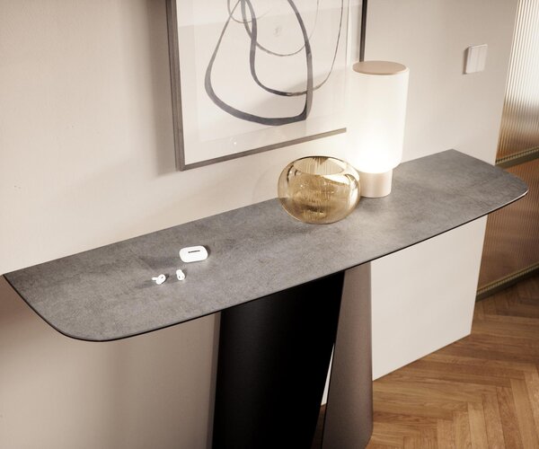 DELIFE Konzolasztal Edge hajóformájú 140x40 cm kerámia beton szürke Livos fém fekete